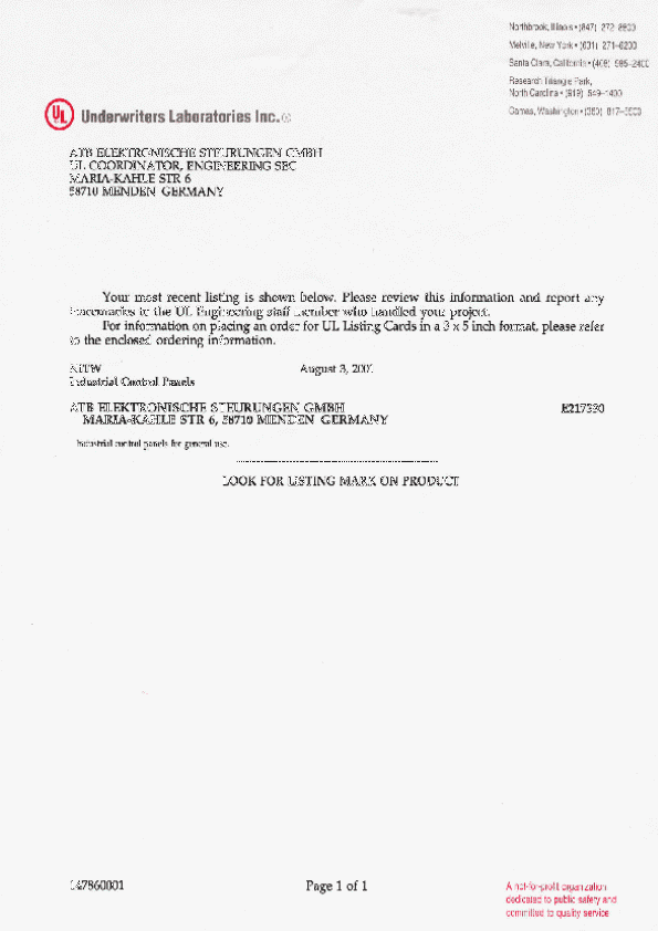 UL Zertifkat - atb Elektronische Steuerungen GmbH
