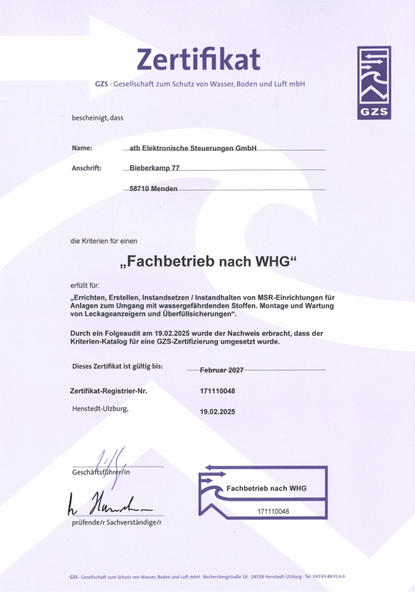 Fachbetrieb nach WHG - atb Elektronische Steuerungen GmbH